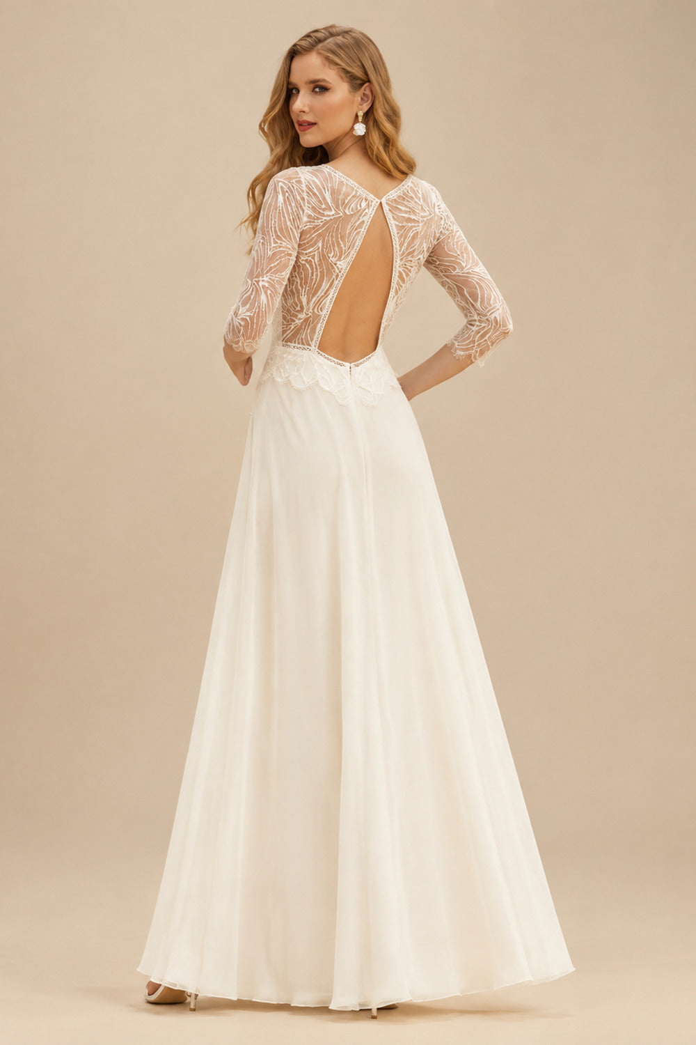 Rutipo Ivory A-Line V-Neck 3/4 Sleeves Chiffon Lace Sweep Train Wedding Dresses With Pleated Lace