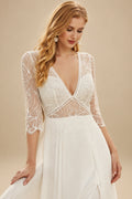 Rutipo Ivory A-Line V-Neck 3/4 Sleeves Chiffon Lace Sweep Train Wedding Dresses With Pleated Lace