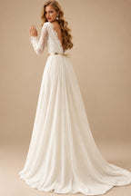 Rutipo Ivory A-Line Scoop Neck Long Sleeves Composite Wire Chiffon Lace Sweep Train Wedding Dresses With Lace Pleated