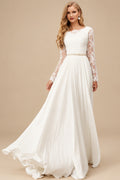 Rutipo Ivory A-Line Scoop Neck Long Sleeves Composite Wire Chiffon Lace Sweep Train Wedding Dresses With Lace Pleated