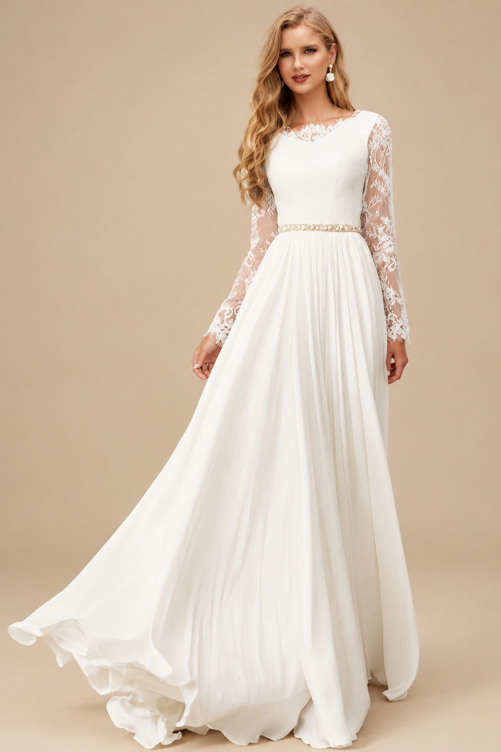 Rutipo Ivory A-Line Scoop Neck Long Sleeves Composite Wire Chiffon Lace Sweep Train Wedding Dresses With Lace Pleated