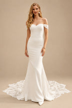Rutipo Ivory Trumpet/Mermaid Off The Shoulder Satin Lace Chapel Train Wedding Dresses With Lace