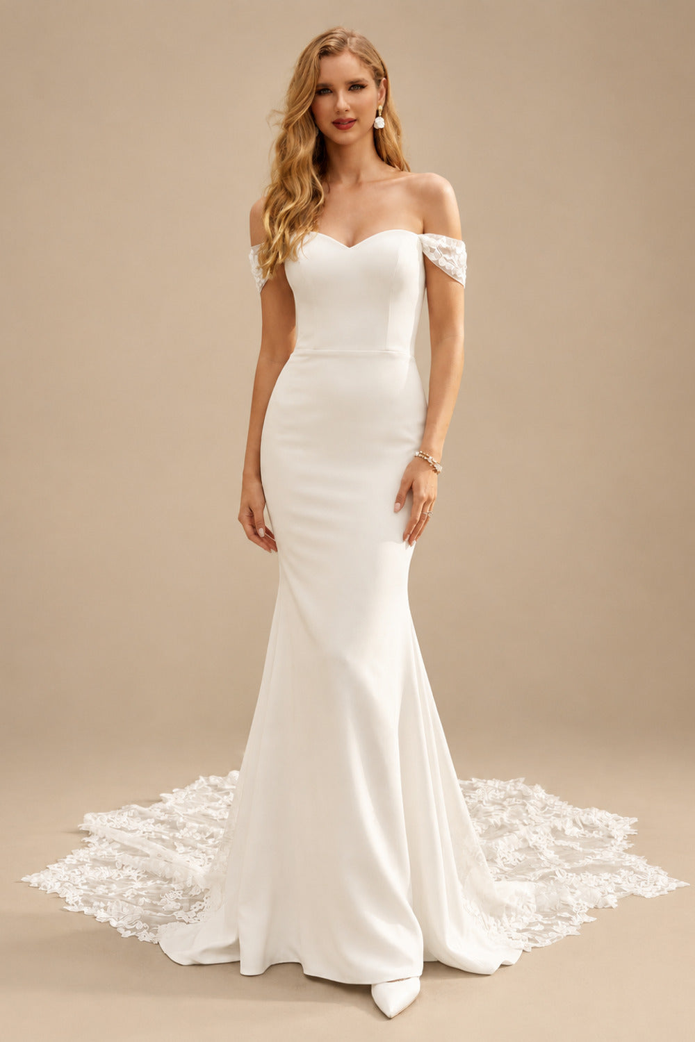 Rutipo Ivory Trumpet/Mermaid Off The Shoulder Satin Lace Chapel Train Wedding Dresses With Lace