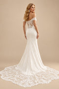 Rutipo Ivory Trumpet/Mermaid Off The Shoulder Satin Lace Chapel Train Wedding Dresses With Lace