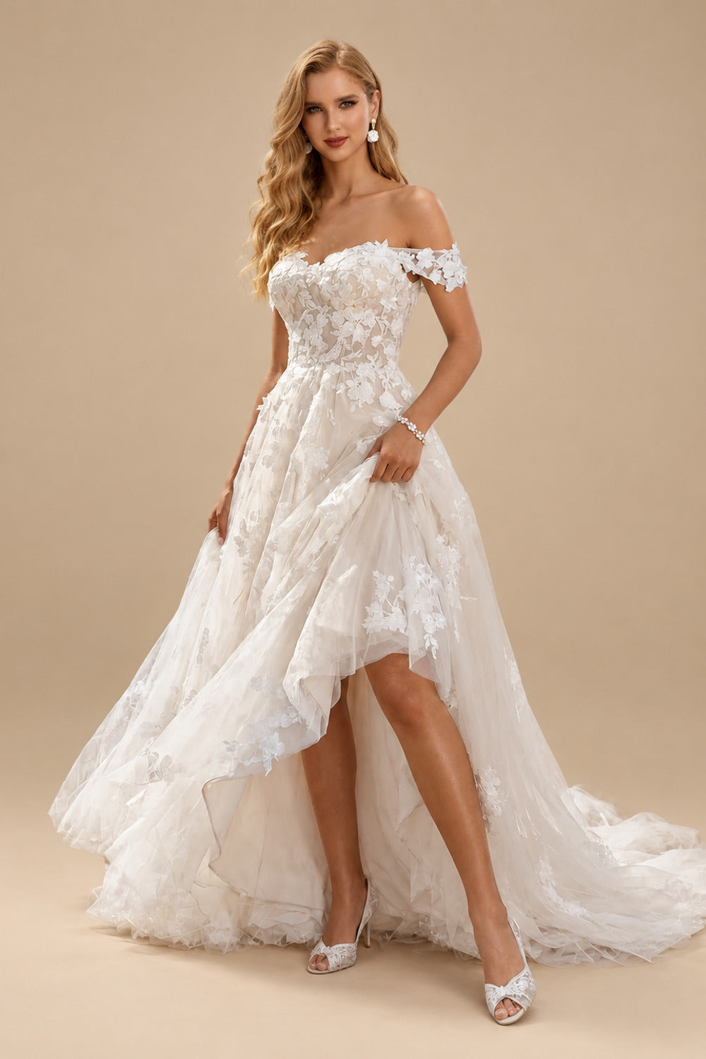 Rutipo As Picture Ball-Gown Off-The-Shoulder Tulle Lace Sweep Train Wedding Dress With Appliques Lace
