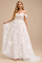 Rutipo As Picture Ball-Gown Off-The-Shoulder Tulle Lace Sweep Train Wedding Dress With Appliques Lace