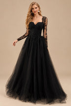 Rutipo Black Ball-Gown Sweetheart Long Sleeves Lace Court Train Wedding Dresses With Lace