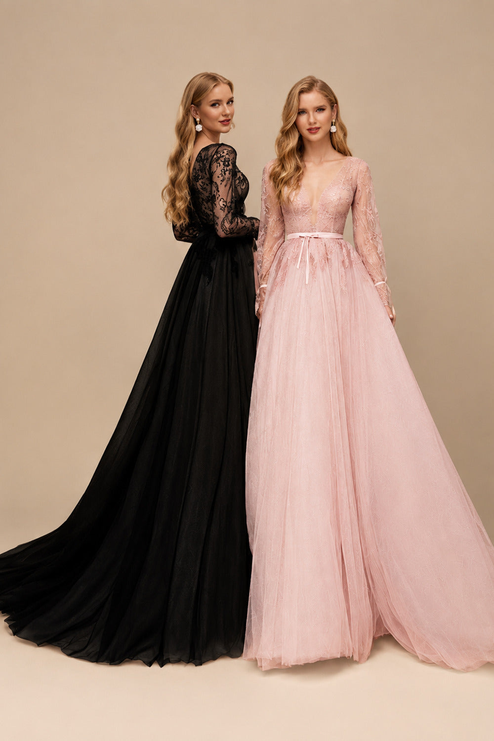 Rutipo Black Ball-Gown V-Neck Long Sleeves Lace Tulle Sweep Train Wedding Dresses With Lace