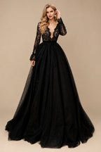 Rutipo Black Ball-Gown V-Neck Long Sleeves Lace Tulle Sweep Train Wedding Dresses With Lace
