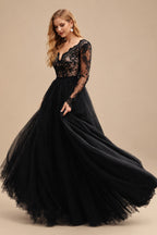 Rutipo Black A-Line V-Neck Long Sleeves Lace Tulle Wedding Dresses With Lace