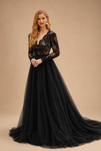 Rutipo Black A-Line V-Neck Long Sleeves Lace Tulle Wedding Dresses With Lace