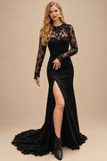 Rutipo Black Sheath/Column High Neck Long Sleeves Lace Sweep Train Wedding Dresses With Split Front Lace