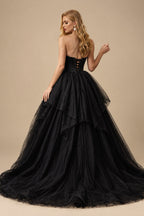 Rutipo Black Ball-Gown Strapless Sleeveless Tulle Court Train Wedding Dresses With Pleated