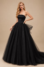 Rutipo Black Ball-Gown Strapless Sleeveless Tulle Court Train Wedding Dresses With Pleated