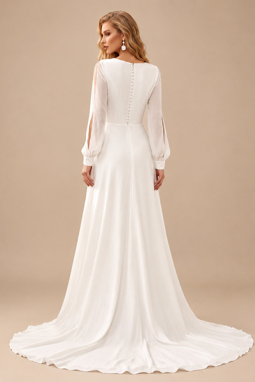 Rutipo Ivory A-Line V-Neck Long Sleeves Chiffon Sweep Train Wedding Dress With Split Front
