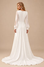 Rutipo Ivory A-Line V-Neck Long Sleeves Chiffon Sweep Train Wedding Dress With Split Front
