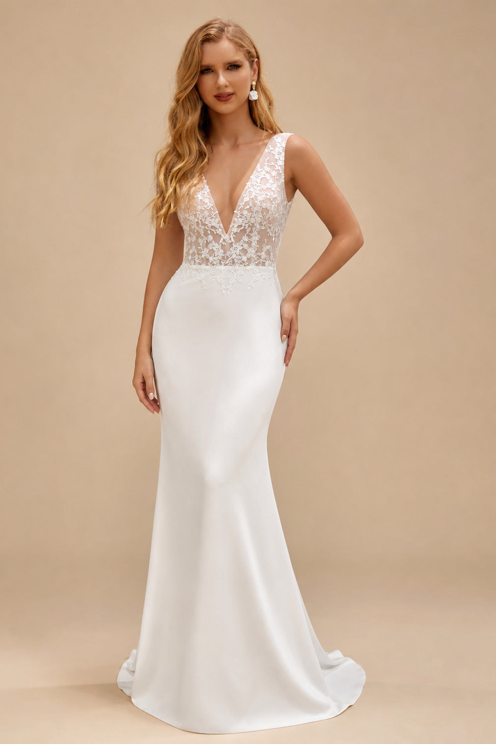 Rutipo Ivory A-Line V-Neck Sleeveless Lace Sweep Train Wedding Dress With Lace