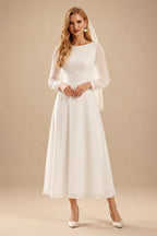 Rutipo Ivory A-Line Scoop Neck Long Sleeves Chiffon Ankle-Length Wedding Dress With Ruffle