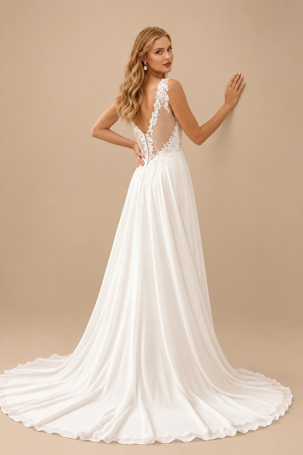 Rutipo Ivory A-Line V-Neck Sleeveless Lace Court Train Wedding Dress With Lace