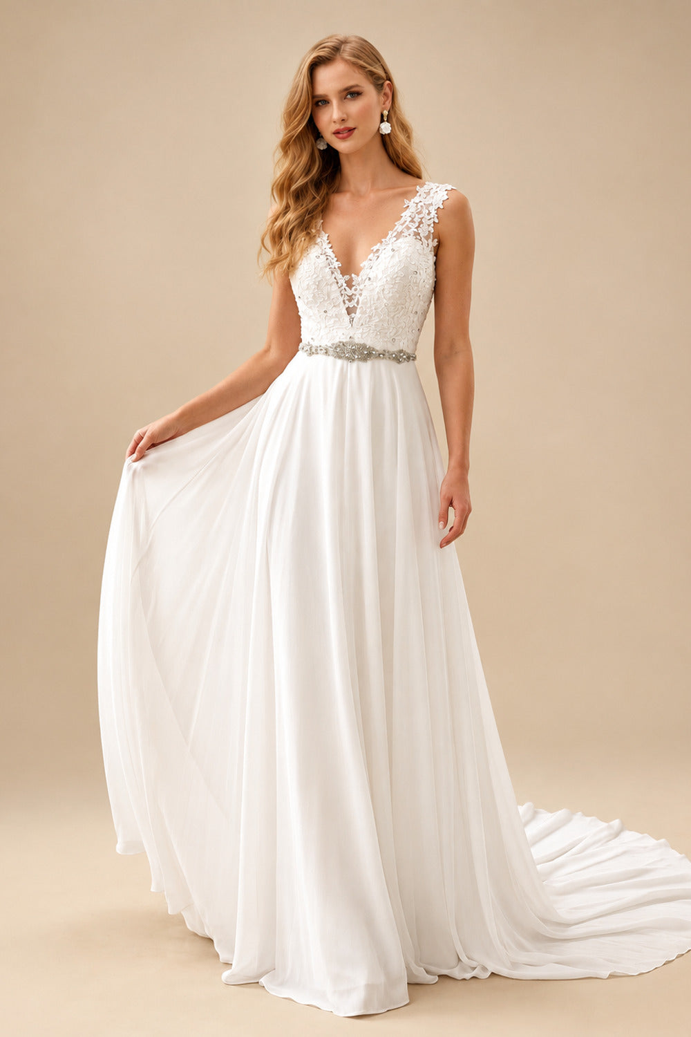 Rutipo Ivory A-Line V-Neck Sleeveless Lace Court Train Wedding Dress With Lace