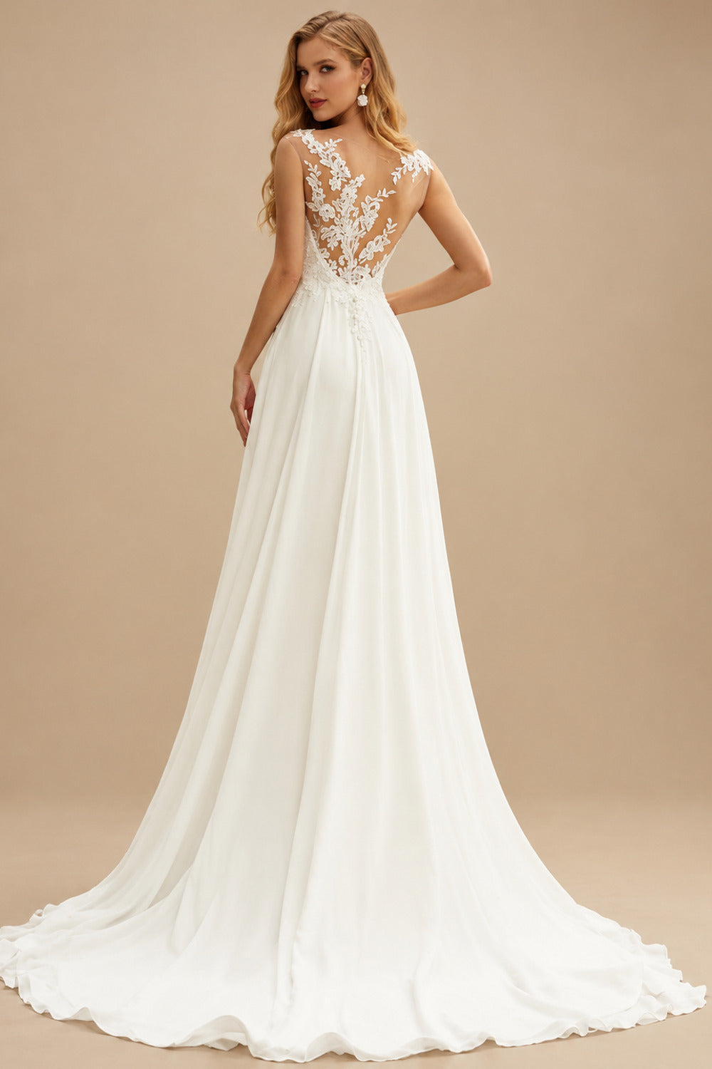 Rutipo Ivory A-Line High Neck Sleeveless Chiffon Sweep Train Wedding Dress With Lace