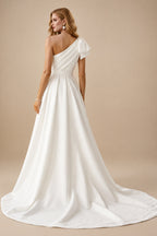 Rutipo Ivory A-Line One-Shoulder Sleeveless Satin Cathedral Train Wedding Dress