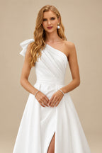Rutipo Ivory A-Line One-Shoulder Sleeveless Satin Cathedral Train Wedding Dress