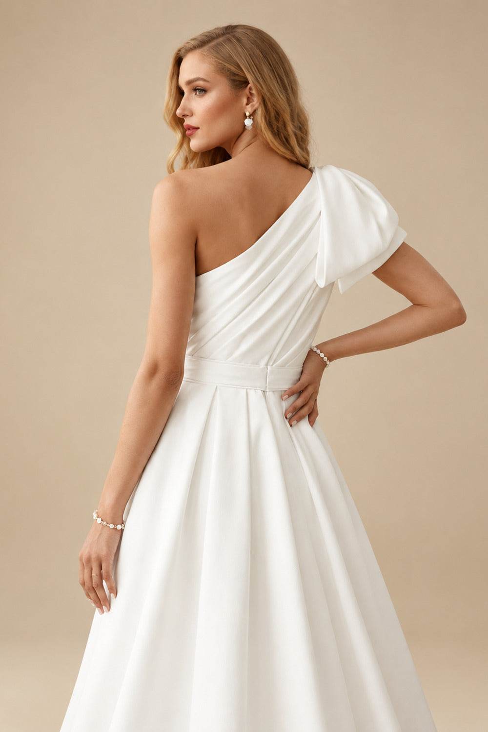 Rutipo Ivory A-Line One-Shoulder Sleeveless Satin Cathedral Train Wedding Dress