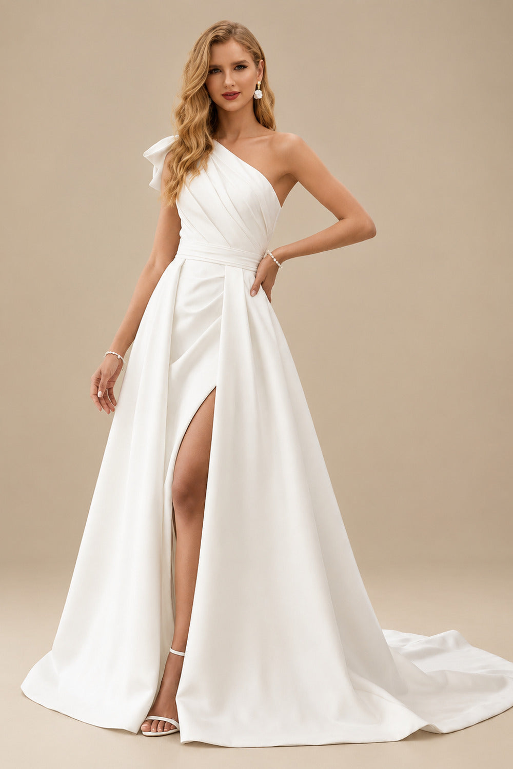 Rutipo Ivory A-Line One-Shoulder Sleeveless Satin Cathedral Train Wedding Dress
