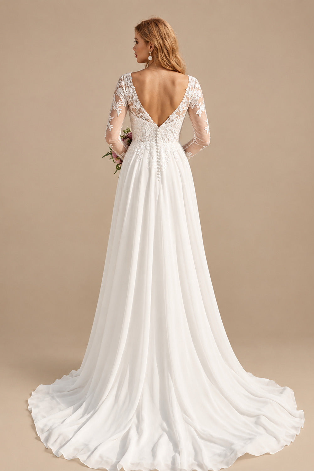 Rutipo Ivory A-Line V-Neck Long Sleeves Chiffon Court Train Wedding Dress With Lace