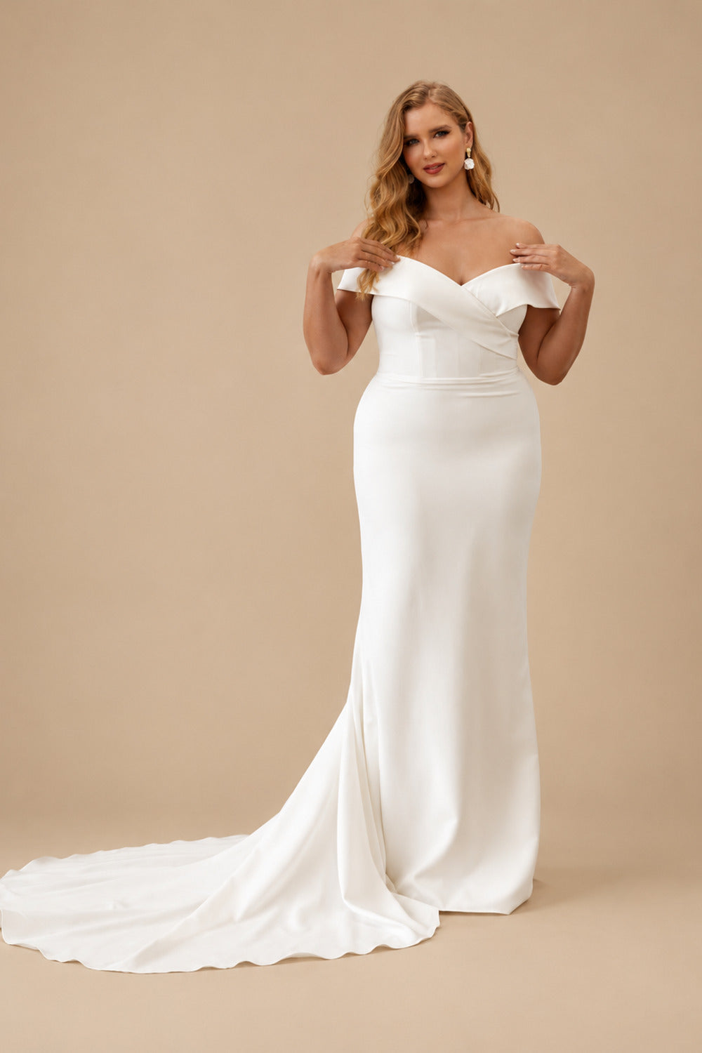 Rutipo Ivory Trumpet/Mermaid Off-The-Shoulder Sleeveless Satin Sweep Train Wedding Dress