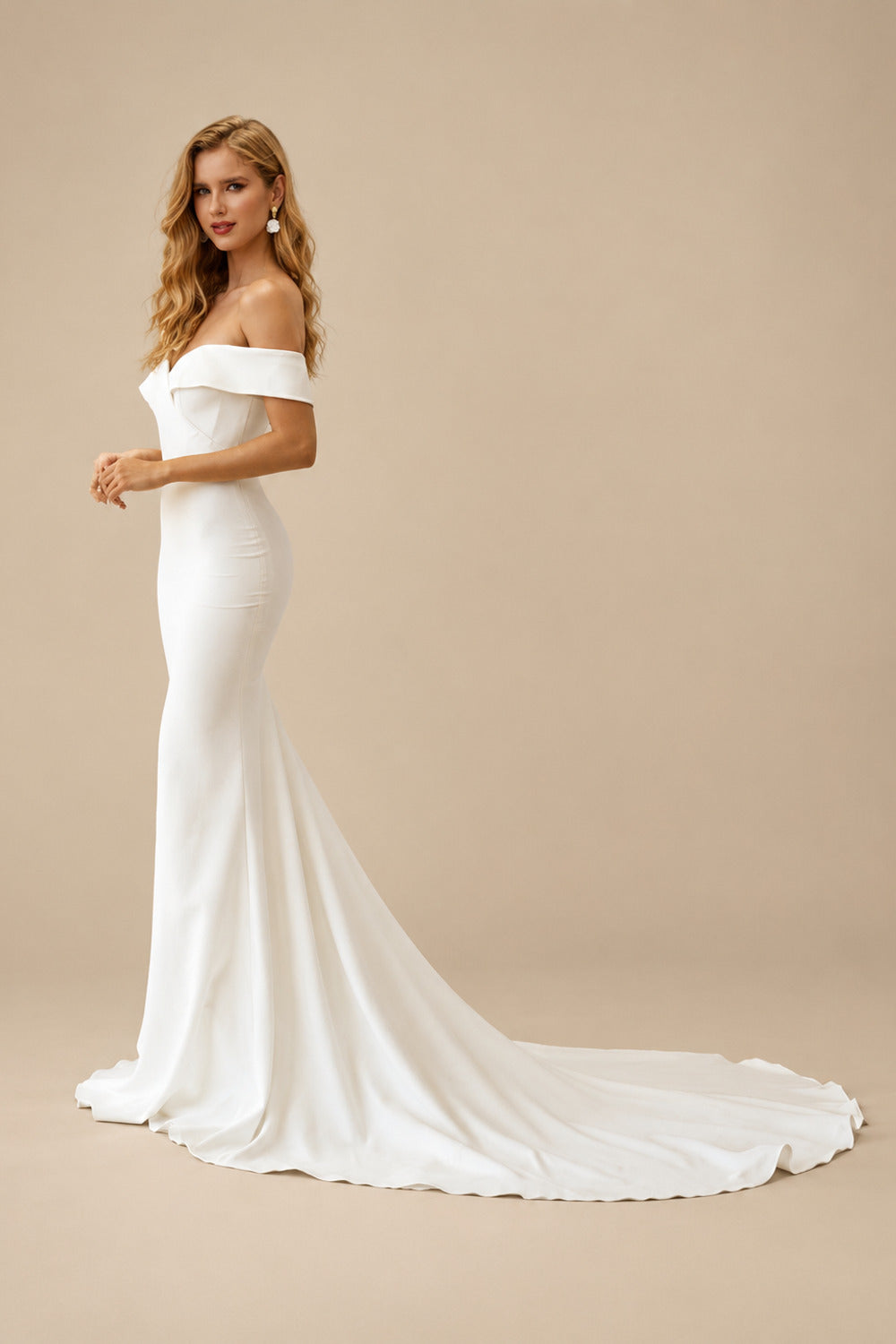 Rutipo Ivory Trumpet/Mermaid Off-The-Shoulder Sleeveless Satin Sweep Train Wedding Dress