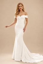 Rutipo Ivory Trumpet/Mermaid Off-The-Shoulder Sleeveless Satin Sweep Train Wedding Dress