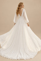 Rutipo Ivory A-Line V-Neck Long Sleeves Chiffon Lace Court Train Wedding Dress