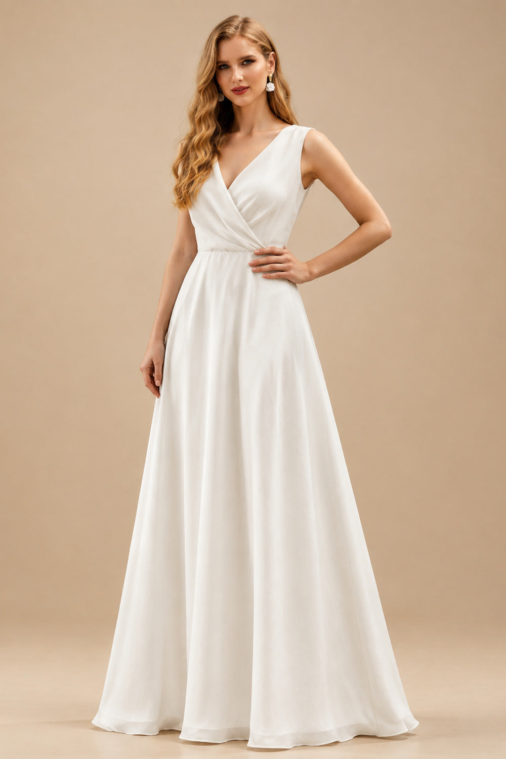 Rutipo Ivory A-Line V-Neck Sleeveless Chiffon Lace Sweep Train Wedding Dress