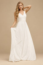 Rutipo Ivory A-Line V-Neck Sleeveless Chiffon Lace Sweep Train Wedding Dress