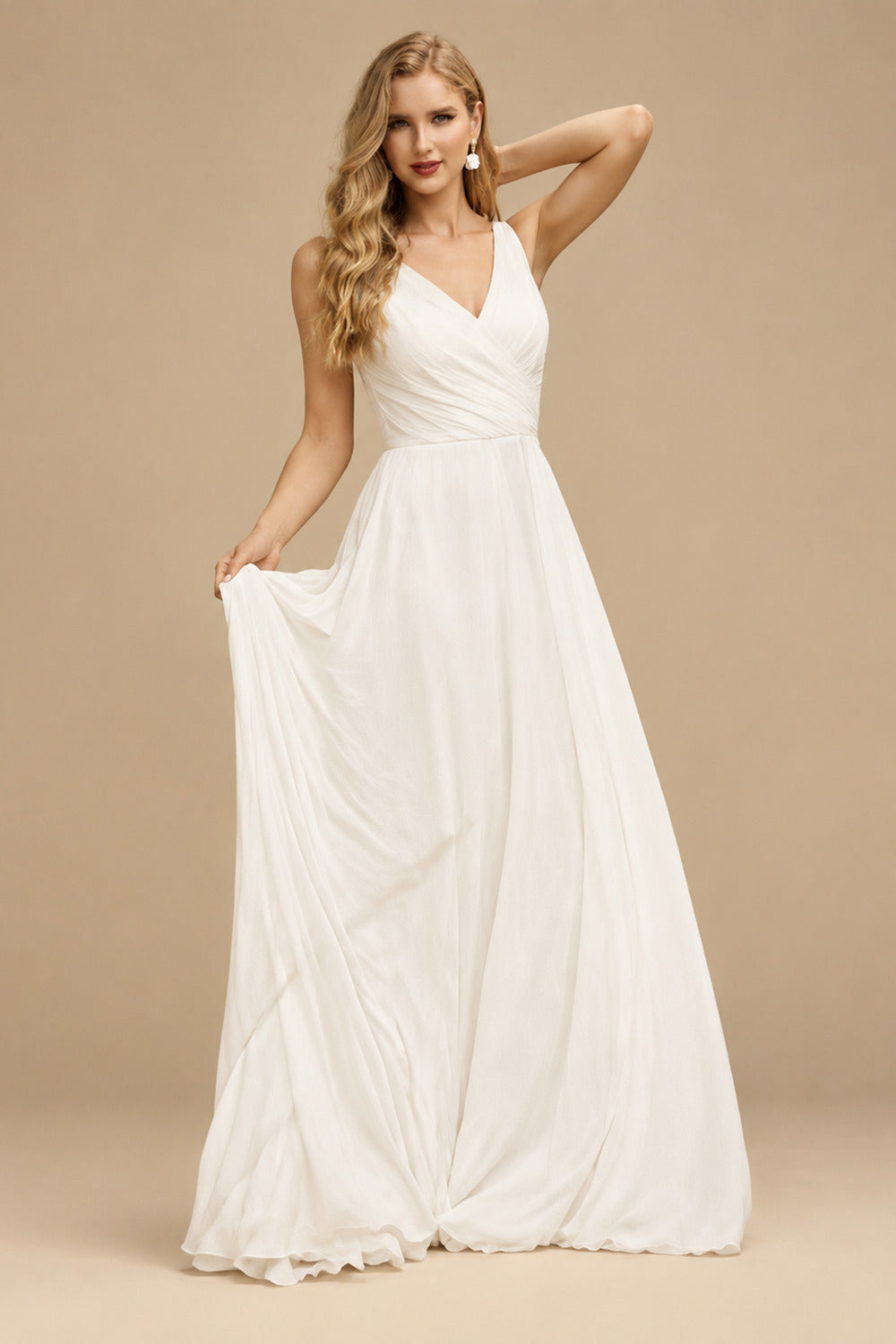 Rutipo Ivory A-Line V-Neck Sleeveless Chiffon Lace Sweep Train Wedding Dress