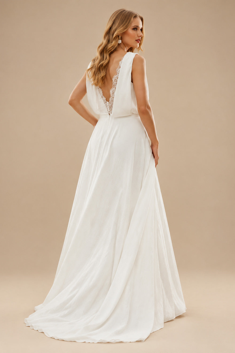 Rutipo Ivory A-Line V-Neck Sleeveless Chiffon Lace Sweep Train Wedding Dress