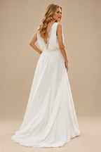 Rutipo Ivory A-Line V-Neck Sleeveless Chiffon Lace Sweep Train Wedding Dress
