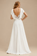 Rutipo Ivory A-Line V-Neck Sleeveless Chiffon Lace Sweep Train Wedding Dress