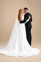 Rutipo White A-Line Scoop Neck Long Sleeves Satin Sweep Train Wedding Dress