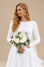 Rutipo White A-Line Scoop Neck Long Sleeves Satin Sweep Train Wedding Dress