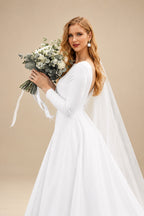 Rutipo White A-Line Scoop Neck Long Sleeves Satin Sweep Train Wedding Dress