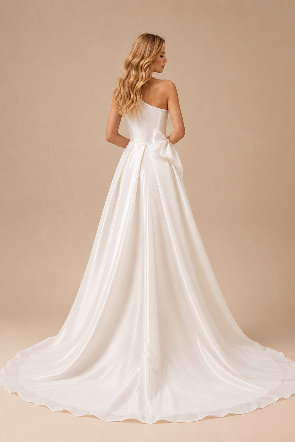 Rutipo Ivory A-Line One-Shoulder Sleeveless Organza Sweep Train Wedding Dress
