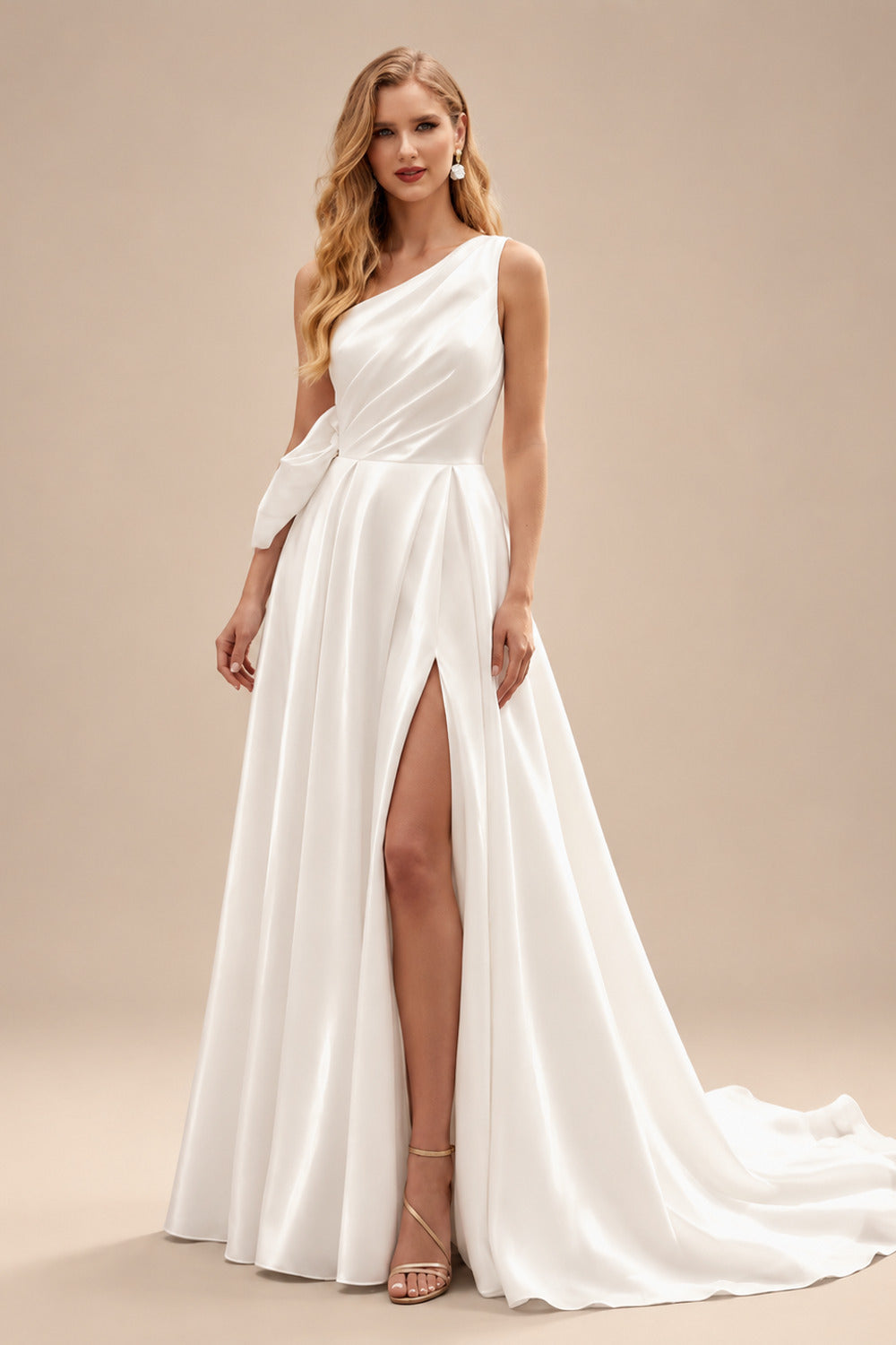 Rutipo Ivory A-Line One-Shoulder Sleeveless Organza Sweep Train Wedding Dress