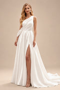 Rutipo Ivory A-Line One-Shoulder Sleeveless Organza Sweep Train Wedding Dress