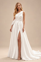 Rutipo Ivory A-Line One-Shoulder Sleeveless Organza Sweep Train Wedding Dress