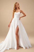 Rutipo White Ball-Gown Sweetheart Sleeveless Chapel Train Organza Wedding Dresses