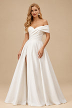 Rutipo Ivory Ball-Gown Off-The-Shoulder Sleeveless Satin Court Train Wedding Dress