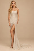Rutipo Champagne Sheath/Column Square Neckline Sleeveless Sequined Sweep Train Wedding Dress